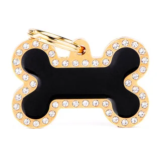 My Family USA Pet Tag - Bones Apoxie & Strass "Glam" - Black Glam Gold Bone - Large