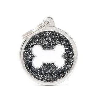 My Family USA Pet Tag - Glitter Apoxie Circles "Shine" - Black Glitter White Bone - Large