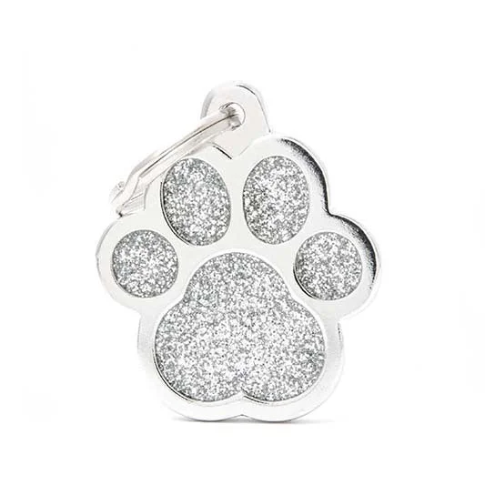 My Family USA Pet Tag - Glitter Apoxie Shapes "Shine" - Paw Glitter Silver - Large