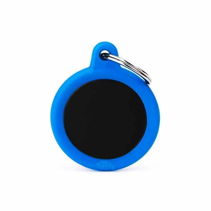 My Family USA Pet Tag - New "Hushtag" - Black Circle Aluminum Blue Rubber - Large