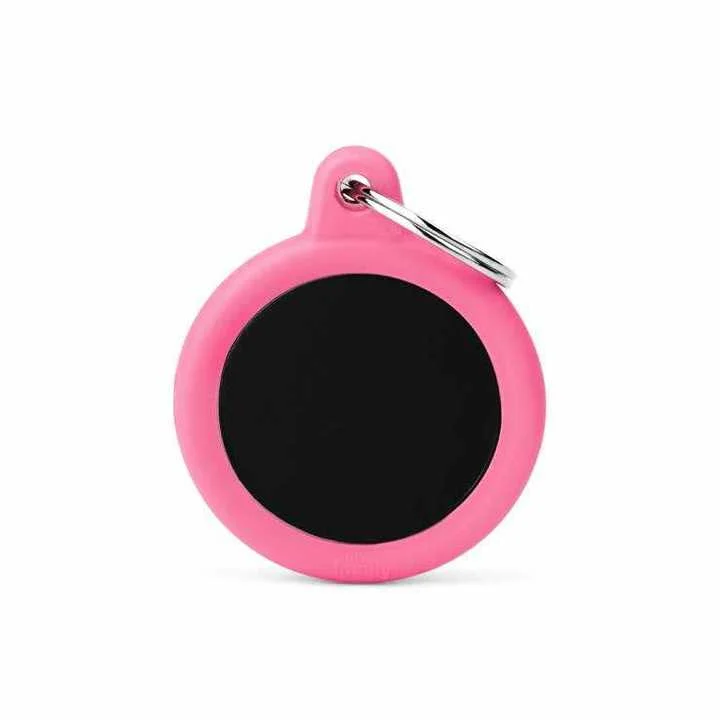 My Family USA Pet Tag - New "Hushtag" - Black Circle Aluminum Pink Rubber - Large