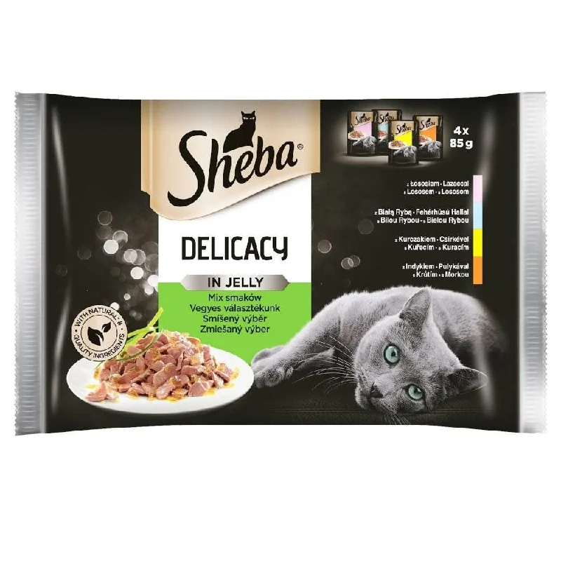 SHEBA Delikatesse în jeleu plicuri pt pisici, Raţă, Pui, Pasăre şi Curcan 4x85 g